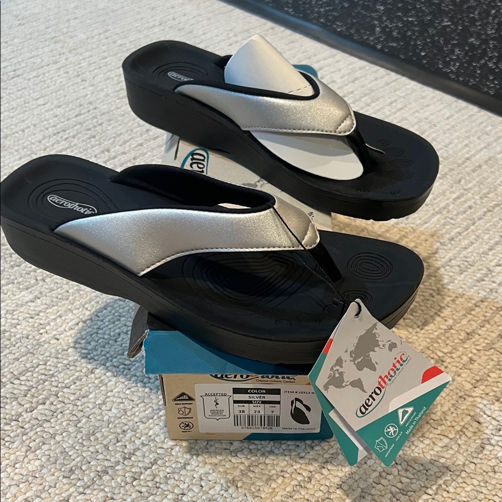 Aerothotic Silver and Black Wedge Thong Sandals